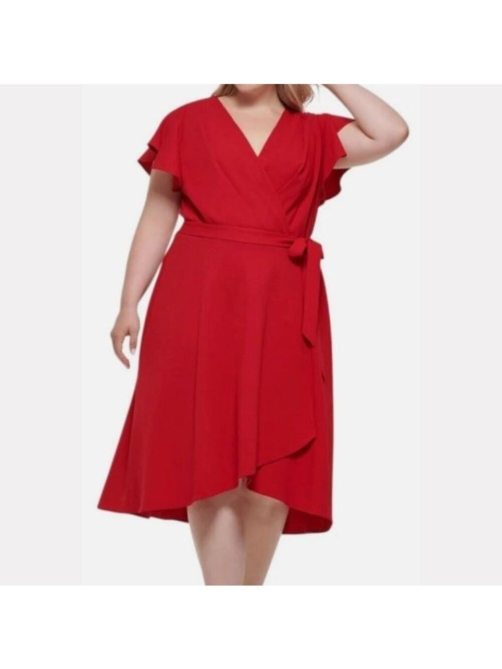 NWT DKNY Womens Red Scuba Crepe Flutter Sleeve Belted Faux Wrap Dress PLUS 20W